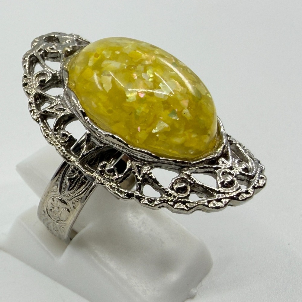 Ornate Silver Tone Ring with Yellow Confetti Resin - Boho Coquette